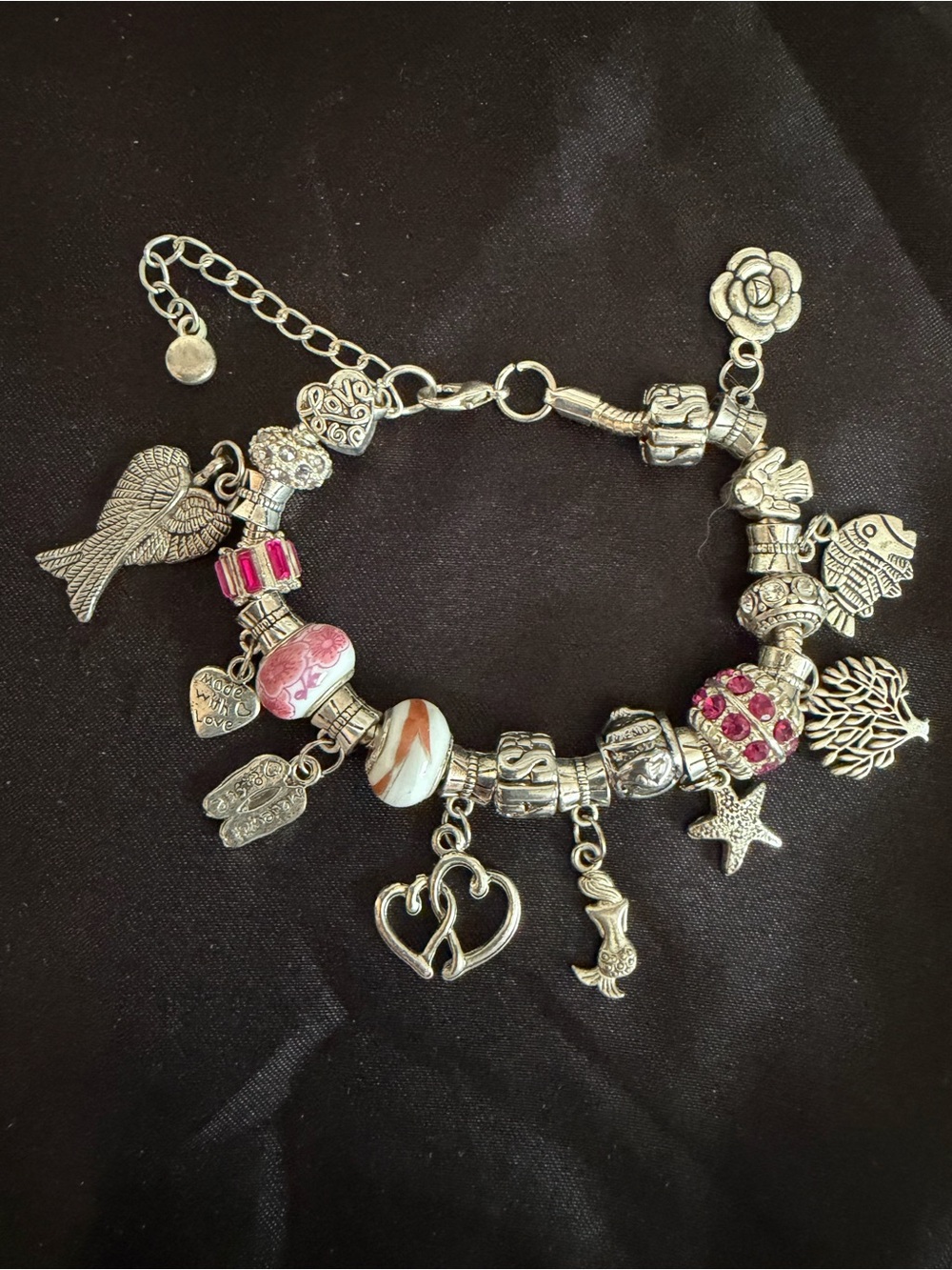 Source Unknown Silver Charm Bracelet with Pink Accents